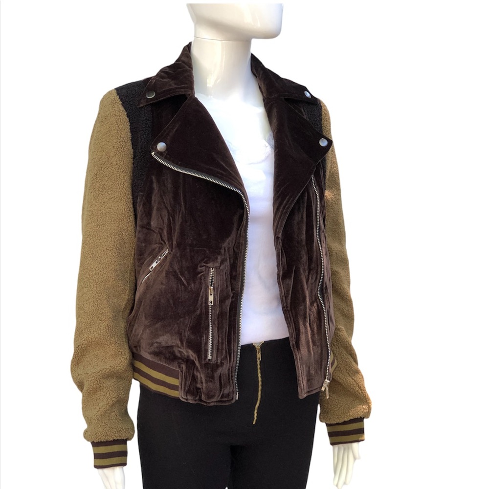 POL clothing woman’s size M jacket biker motorcycle brown bomber velvet Sherpa - Picture 3 of 15